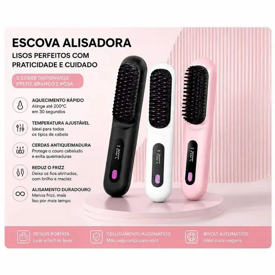 Escova Alisadora de Cabelo Portátil Sem Fio Recarregável