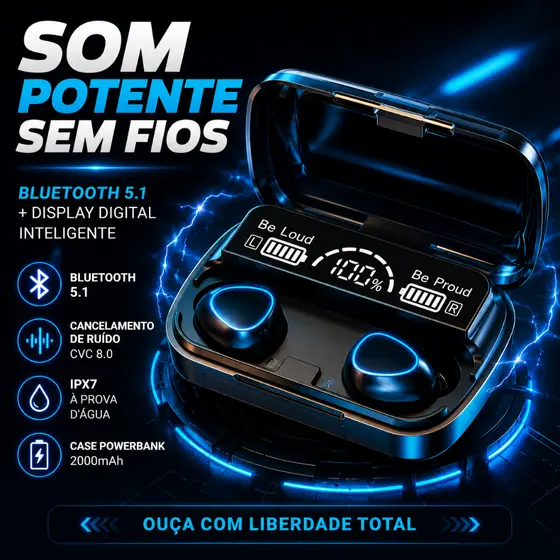 Fone Bluetooth M10 Sem Fio Display Digital Powerbank LED IPX7 Gamer Android iPhone