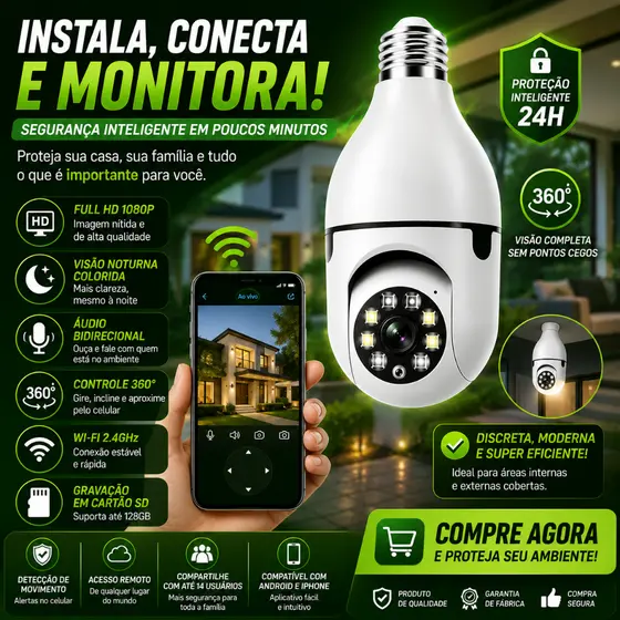 Câmera Lâmpada WiFi 360° Full HD Visão Noturna IP Segurança Vigilância App