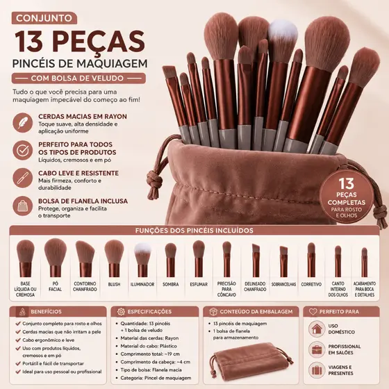Kit 13 Pincéis de Maquiagem Profissional com Bolsa de Veludo Macios e Precisos