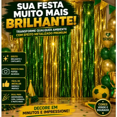 Cortina Metalizada Verde E Dourado 1x2m Franja Festa Brasil Painel Decorativo