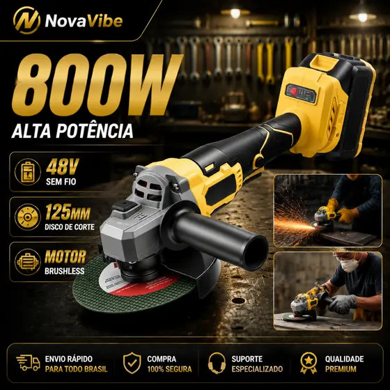 NovaVibe Esmerilhadeira Angular Sem Fio 48V Brushless 800W 125mm 10000RPM Alta Potência para Corte e Desbaste