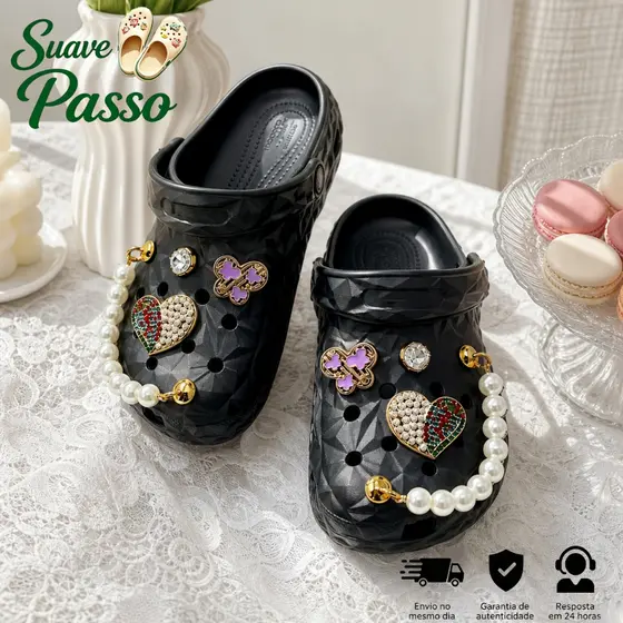 Babuche EVA Casual Leve Confortável Antiderrapante com Acessórios Elegantes Textura Diamante 3D