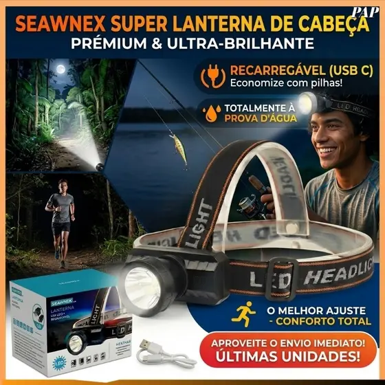 Lanterna de Cabeça LED Sensor Movimento USB-C Recarregável 4 Modos Camping Pesca Noturna Profissional Potente