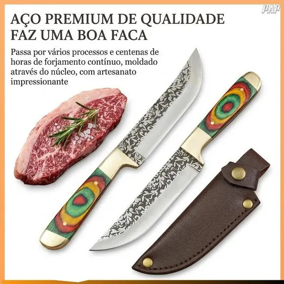 Faca para comer carne com padrão retrô; faca multifuncional para cortar carne com cabo de madeira
