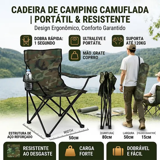 Cadeiras de Aço Dobrável Reforçada Camping Pesca Com Bolsa