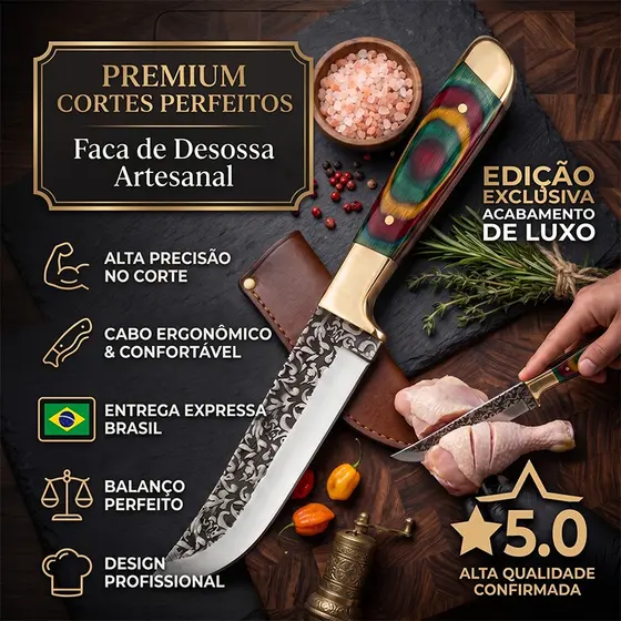 Faca Artesanal Forjada com Bainha de Couro, para Camping, Churrasco e Cozinha, Cabo de Madeira