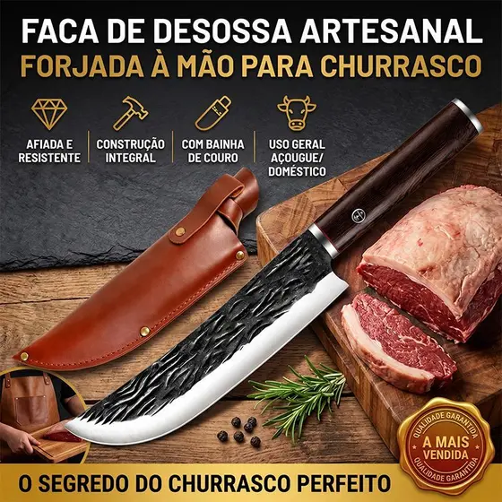 Faca de cozinha robusta em aço inoxidável forjado (com bainha), ideal para churrascos, desossar, acampamentos e cozinhei