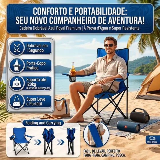 Cadeira de pesca dobrável com porta-copos e braços