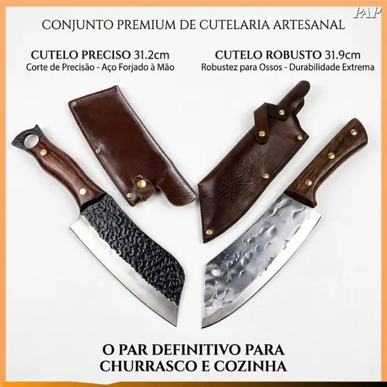 Conjunto de facas forjadas à mão: faca de cozinha e faca de caça para uso doméstico, com bainhas