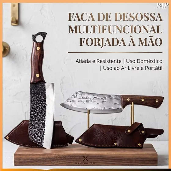 Faca de cozinha forjada com lâmina estreita e portátil, cabo de madeira e bainha; faca doméstica para cortar carne e leg