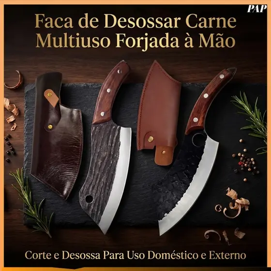 Faca de cozinha forjada com cabo de madeira e estojo; faca portátil para cortar frutas