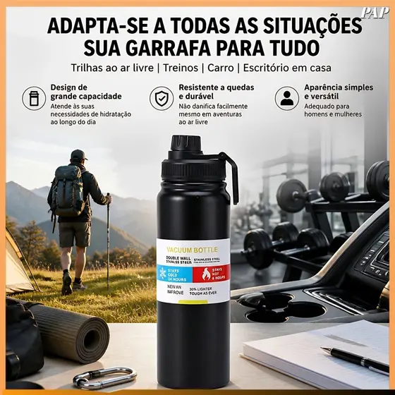 Garrafa térmica a vácuo específica para esportes e exercícios físicos, com alça e design à prova de vazamentos
