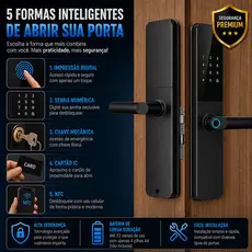 Fechadura Digital Aço Premium 5 em 1 com NFC, Biometria, Senha Touch, Chave e Tag