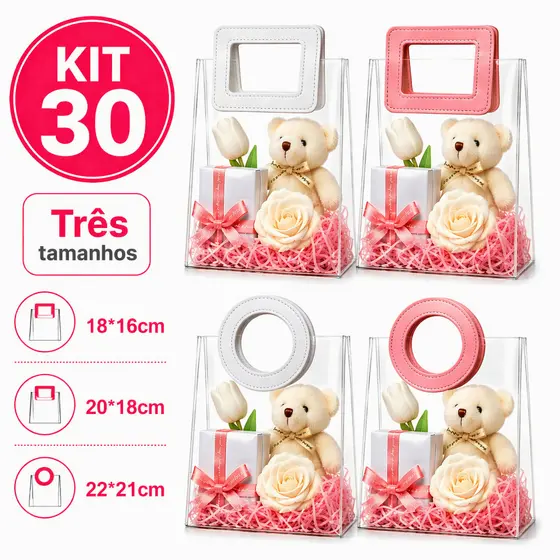 Kit 30/20/10 Sacolas De Presente Transparente 22cmx21cm PVC Alça Couro Lembrancinha Festas