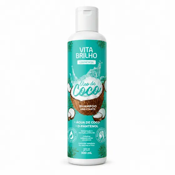Shampoo Óleo de Coco 300ml Vita Brilho Umectante Água de Coco D-Pantenol Sem Sal Hidratação Nutrição