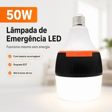 Lâmpada de Emergência LED 50W E27 Recarregável Até 6h para Falta de Energia