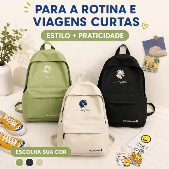 Mochila Casual Estilo Coreano com Flor Margarida, Bolsa Escolar Feminina Leve Espaçosa para Faculdade e Dia a Dia