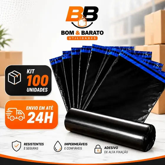 Kit 100 Saquinhos Para Envio Ecommerce Preto Lacre Segurança Impermeável