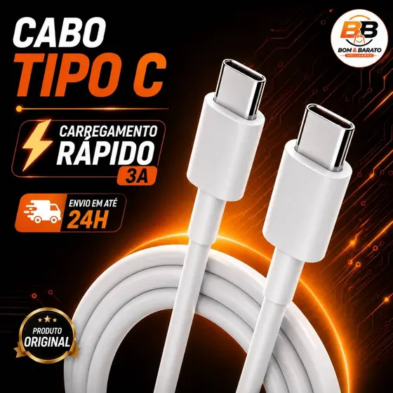 Cabo Tipo C Carregamento Rápido Turbo Compatível a Android e iOS