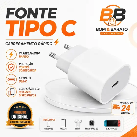 Fonte Carregador Tipo C 20W Turbo Carregamento Rápido e Seguro | USB-C Universal