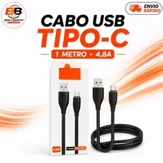 Cabo USB Tipo C 1 Metro 4.8A Carregamento Rápido e Transferência de Dados