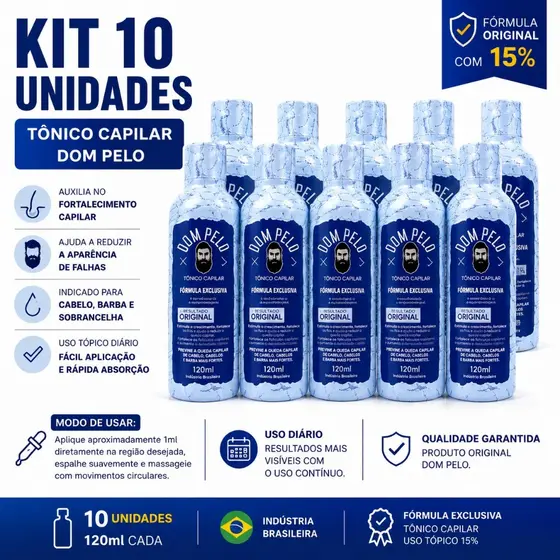 Kit 10 unidades Dom Pelo Original - Tônico Capilar para Cabelo, Barba e Sobrancelha envio imediato