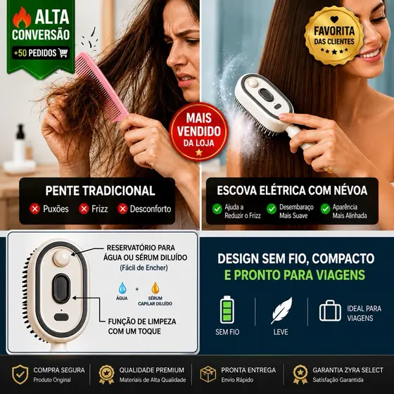 Pronto Entrega! Escova Elétrica 3 em 1 Anti-Frizz com Névoa Hidratante