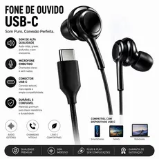 Fone de Ouvido USB‑C com Microfone, Som Estéreo Hi‑Fi, Controle de Volume + 4 Ponteiras Extras para Celular Android