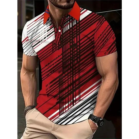 Nova Camisa De Lapela Masculina Listrada Colorida Impressa Em 3D Com Padrão De Bloco De Cores Geométricas casual top De