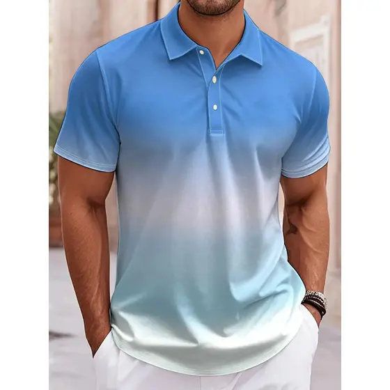 Camisa Polo Masculina Gradiente Impressão 3D Topos Ao Ar Livre Casual Botão Lapela Camiseta Rua Moda Solta Roupas De Gra