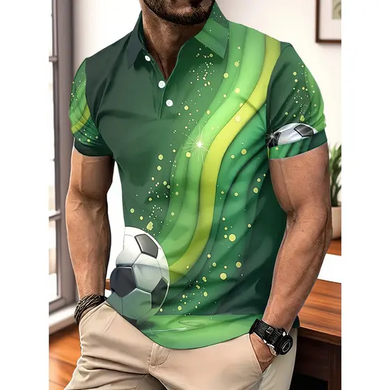 Camisa Polo Masculina Com Tema Brasil Estampa De Futebol Gradiente Verde E Amarelo , Manga Curta , Fã De Verão , Top Esp