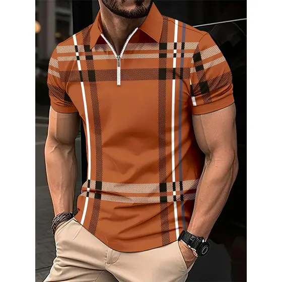 Verão Novo Estilo Camisa Polo Masculina Com Zíper Listras 3D Padrão Impressão Para Rua Casual Moda Respirável GGJJ