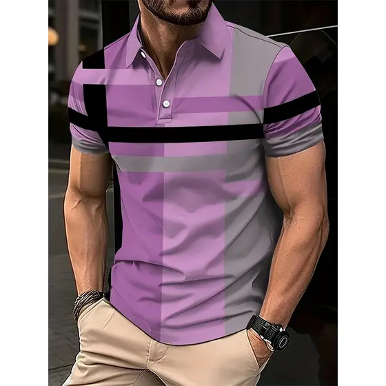 Verão Masculino Golfe Listrado Padrão polo De Manga Curta Camisa Gola Negócios casual Ao Ar Livre 3d Impresso Geométrico