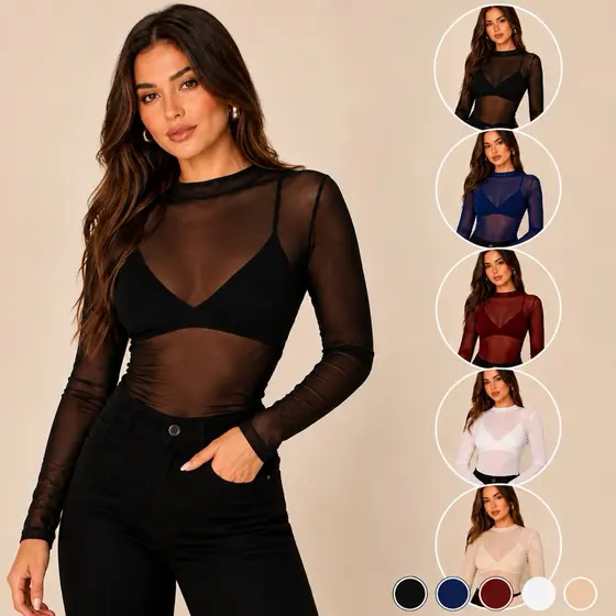 Blusa Tule Transparente Feminina Manga Longa Segunda Pele Básica Preta Branca Off White Azul Marinho Vinho