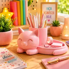 🐱 Organizador de Mesa Gatinho Kawaii com Porta Canetas e Bandeja Multifuncional