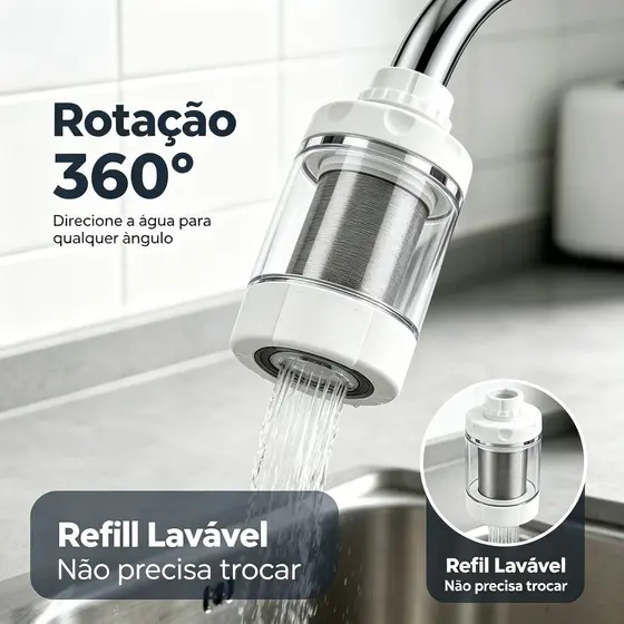 Filtro de Torneira Purificador Água 360° Rotativo Refil Lavável Reutilizável Universal Cozinha e Banheiro