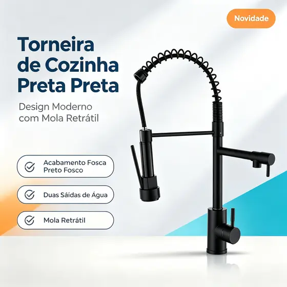 Torneira Cozinha Preta Fosca Mola Retrátil Duas Saídas Independentes 360° Giratória Design Industrial Alta Qualidade