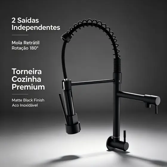 Torneira Cozinha Parede Aço Inoxidável 304 Preto Fosco, Dupla Saída, Água Quente/Fria, Anti‑ferrugem