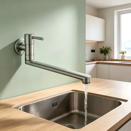 Torneira de Cozinha Parede Aço Inoxidável 304 Escovado Braço Longo 25cm Água Fria Bica Rotativa 180° Resistente