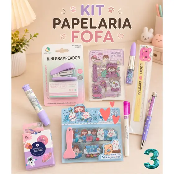KIT PAPELARIA FOFA KAWAII N 3 CANETAS GRAMPEADOR ADESIVOS