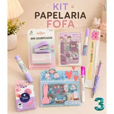 KIT PAPELARIA FOFA KAWAII N 3 CANETAS GRAMPEADOR ADESIVOS