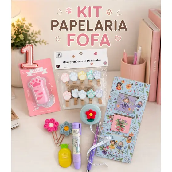 KIT DE PAPELARIA FOFA KAWAII N 1 CANETAS CLIPS CORRETIVOS BORRACHA