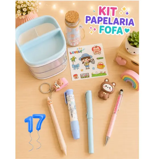 KIT PAPELARIA FOFA KAWAII N. 17 PORTA LAPIS PERSONALIZAVEL ADESIVOS CANETAS BORRACHA CLIPS GRAMPEADOR APONTADOR