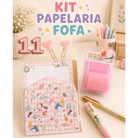 KIT PAPELARIA FOFA KAWAII N 11 PAPEL DE CARTA POST IT CANETAS BORRACHA CLIPS