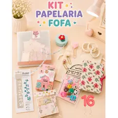 KIT PAPELARIA FOFA KAWAII N.16 CADERNO ARTESANAL MINI COM SACOLA, ADESIVO REGUA JUNK JOURNAL CLIPS