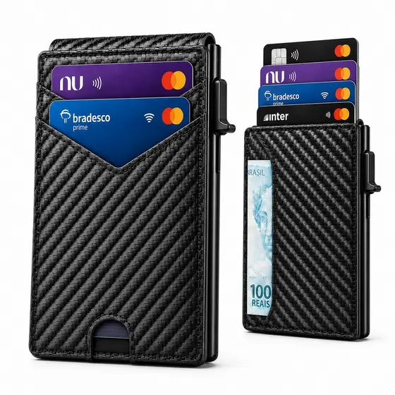 Carteira Slim Masculina com Ejetor Pop-Up, Porta-Cartões, Porta-Documento, Bolso para Notas e Bolsos Externos