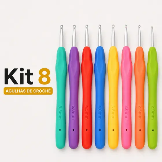 Kit 8 Agulhas de Crochê Cabo Emborrachado Ergonômico Coloridas Artesanato Tricô Lã Linha 8454