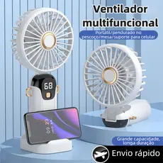 Ventilador Portátil Multifuncional (Mão/Colar/Mesa) | Turbina Vento Forte + Display Digital + Suporte Celular