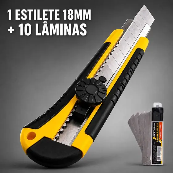 Estilete 18mm Profissional Reforçado + 10 Lâminas Aço Inox Trava Emborrachado Obra Escritório Artesanato